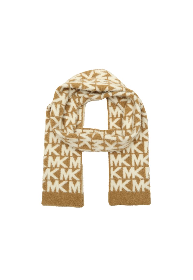 Beige en crèmekleurige sjaal met een patroon van zacht materiaal, met herhaalde "MK"-logo's en stermotieven, met een rechthoekige vorm en een pluche textuur.
