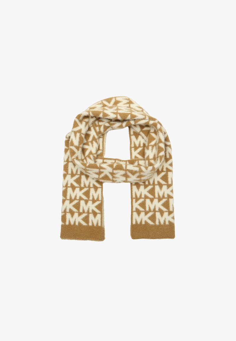 Beige and cream patterned scarf made of soft material, featuring repeated "MK" logo and star motifs, with a rectangular shape and plush texture.