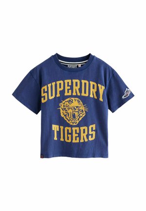 Marineblaues Baumwoll-T-Shirt mit kurzen Ärmeln, versehen mit gelbem Text "SUPERDRY TIGERS" und einer Tiger-Grafik. Rundhalsausschnitt, lässige Passform.