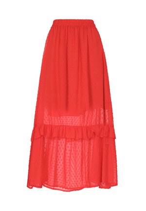 Rode, gelaagde maxi rok van lichtgewicht, doorzichtig materiaal met een stippenstructuur en een elastische taille. Heeft een gerafeld zoomdetail.