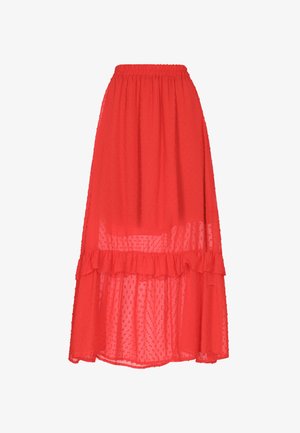 Piros, réteges maxi szoknya, könnyű, áttetsző anyagból, pöttyös textúrával és gumis derékkal. Rugalmas szegélydíszítéssel rendelkezik.