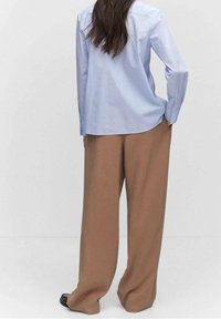 Camisa de botones a rayas azul claro con mangas largas, combinada con pantalones marrones sueltos, vista desde atrás. Textura suave.