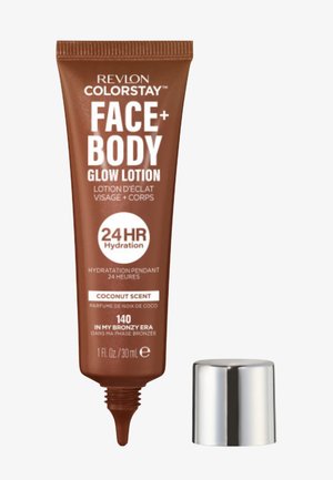 Revlon ColorStay Face + Body Glow Lotion, kokosgeur, 24 uur hydratatie, tint 140 In My Bronzy Era, 30 ml tube met zilverkleurige dop.