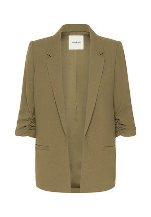 Zaļgani oliļas žakete ar ērtu piegriezumu, atloku apkakli un viegli rimpelētām trīs ceturtdaļu garuma piedurknēm. Priekšpusē nav pogu, ir divas sānu kabatas.