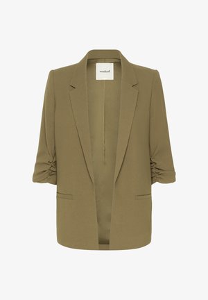 Olivgrüner Blazer mit lockerem Schnitt, umgeschlagenem Kragen und leicht gerafften Dreiviertelärmeln. Ohne vordere Knöpfe, mit zwei Seitentaschen.