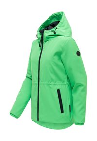 Hellgrüne Kapuzenjacke mit schwarzem Reißverschluss und Taschenakzenten, elastischen Bündchen und verstellbaren Kordeln an der Kapuze.