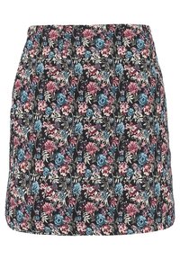 Blommig kjol med svart bakgrund. Har en livlig blandning av rosa, blå och vita blommor. Elastisk midja, kort längd och mjukt tyg.