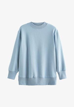 Light blue sweatshirt with a ribbed round neckline, dropped shoulders, long sleeves, and a ribbed hem. Soft, textured fabric.