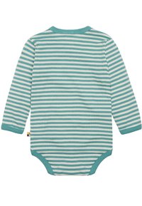 Langärmliger Babybody in hellblau-weißen Streifen. Mit rundem Halsausschnitt und Druckknöpfen im Schritt für ein einfaches Anziehen.