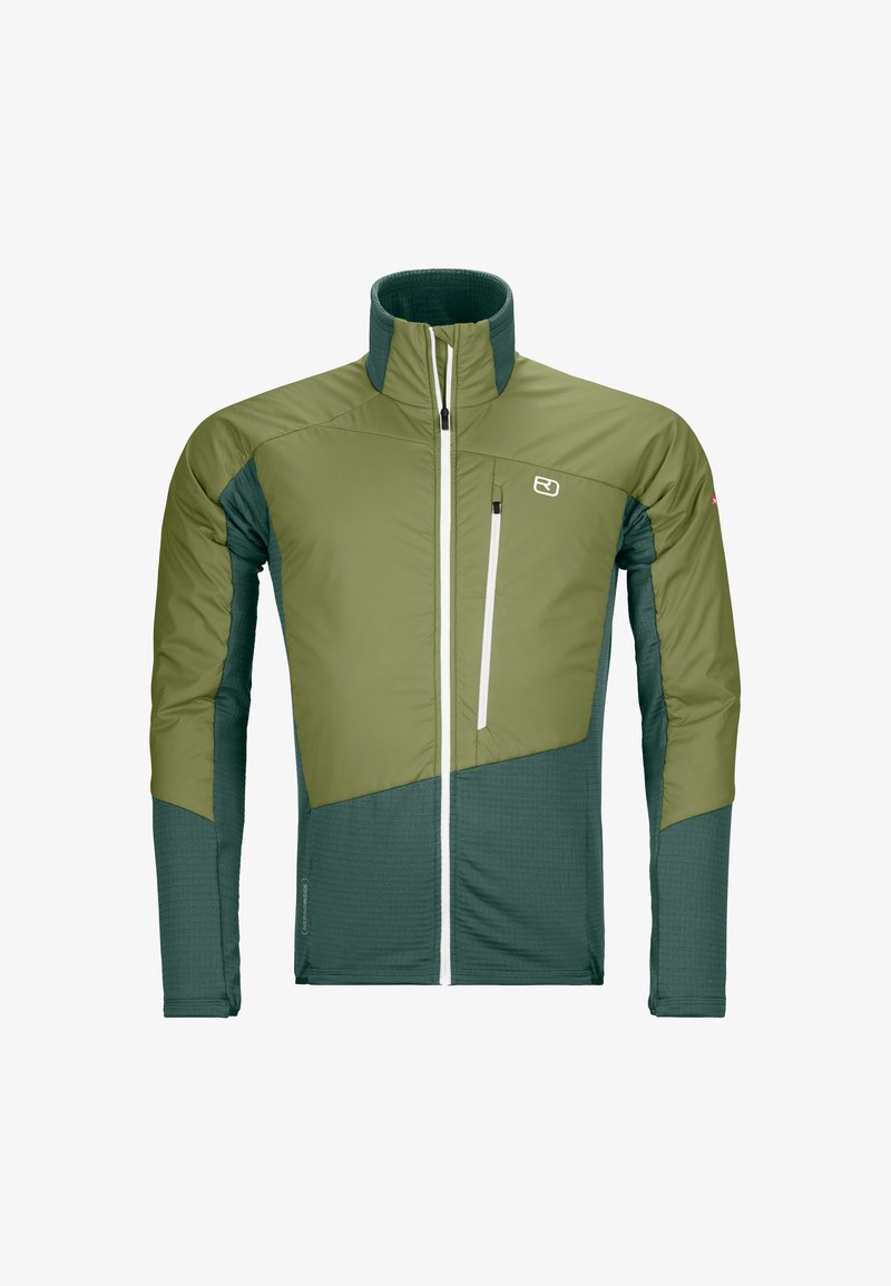 Green and dark green insulated jacket with a high collar, full zip, side pocket, and distinct panel design. Smooth texture, lightweight fabric.