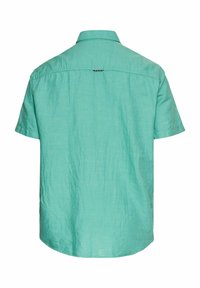 Korte mouwen button-up shirt van lichtgroen linnen, met een achterpas en een afgeronde zoom, met subtiele textuur en minimale details.