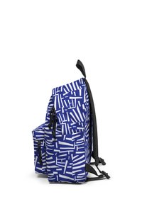 Blue backpack with a geometric white pattern, featuring two compartments, a top handle, and black straps. Made from textured fabric.