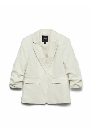 Weißer Blazer aus glattem Stoff mit strukturiertem Design, ausgestattet mit einem Reverskragen, zwei Fronttaschen und aufgerollten Ärmeln.