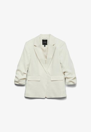 Biała marynarka z gładkiego materiału o uporządkowanym fasonie, z wyciętym kołnierzem, dwoma przednimi kieszeniami i podwiniętymi rękawami.