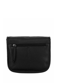 Sac en cuir noir avec finition texturée, compartiment zippé et sangle pour poignet. Forme rectangulaire simple avec bords cousus.