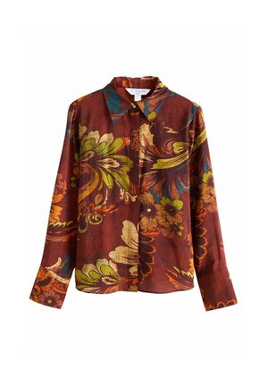 Camicia a maniche lunghe caratterizzata da un vivace motivo floreale in tonalità di rosso, verde, blu e arancione con colletto classico.