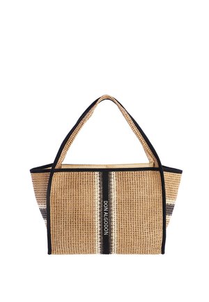 Bolso tote rectangular de paja tejida con ribete negro, asas dobles y raya vertical negra con texto "DON ALGODON".