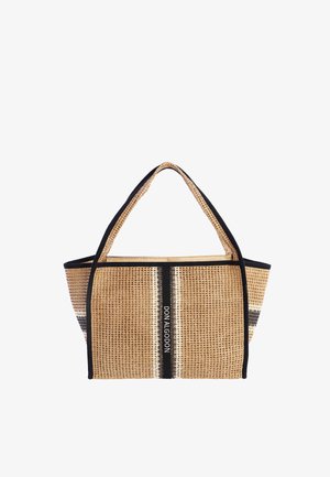 Bolso tote rectangular de paja tejida con ribete negro, asas dobles y raya vertical negra con texto "DON ALGODON".