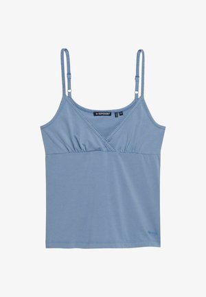 Light blue spaghetti strap tank top with a V-neckline and subtle gathered detail below the bust, featuring a small embroidered logo near the hem.