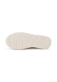 Semelle d'une basket, fabriquée en caoutchouc blanc avec des motifs texturés et des rainures horizontales pour l'adhérence. Fini lisse avec une légère flexibilité.