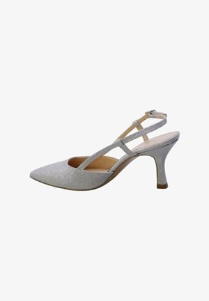 Scarpa con tacco alto in glitter argento, punta affusolata e design slingback, con due cinturini incrociati. Il tacco è sottile e misura circa 7,5 cm.
