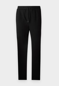 Schwarze Jogginghose mit taillierter Passform, elastischem Bund und Kordelzug. Hergestellt aus weichem Stoff mit glatter Textur und ohne sichtbare Muster.