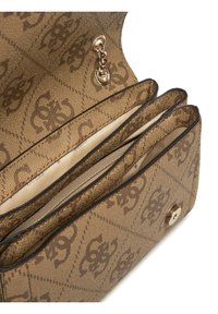 Borsa a tracolla marrone a fantasia con superficie testurizzata, dotata di una chiusura in oro, tre scomparti interni e una fodera liscia.