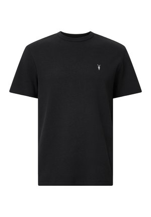 Sort kortærmet T-shirt med rund hals, fremstillet af et tekstureret stof og med et lille hvidt logo på venstre bryst.
