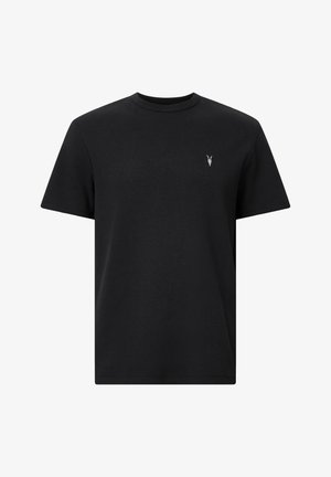 Black short-sleeve T-shirt with a crew neck, featuring a textured fabric and a small white logo on the left chest.