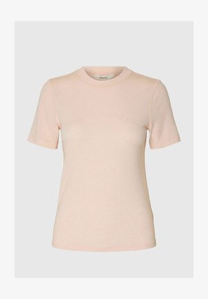 Zachtroze, nauwsluitend T-shirt met korte mouwen en ronde hals, eenvoudig ontwerp met zichtbare stiksels op schouders en mouwen.