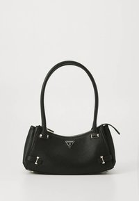 Geantă de mână sintetică neagră cu finisaj texturat, formă curbată, mâner scurt, accente metalice și un detaliu triunghiular cu logo pe partea din față.