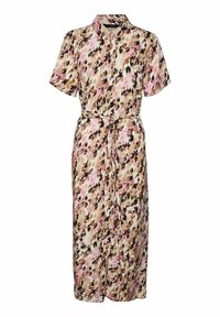 Květinové midi šaty vyrobené z lehkého materiálu, mají krátké rukávy, zapínání na knoflíky v přední části, pásek v oblasti pasu a vzor v odstínech růžové, hnědé a béžové.