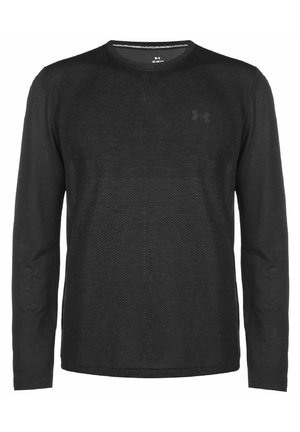 Schwarzes Langarmshirt aus strukturiertem Stoff. Verfügt über einen Rundhalsausschnitt und ein dezentes Logo auf der Brust, speziell entworfen für Sportbekleidung.