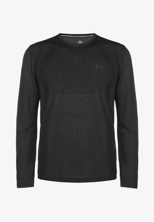 Schwarzes Langarmshirt aus strukturiertem Stoff. Verfügt über einen Rundhalsausschnitt und ein dezentes Logo auf der Brust, speziell entworfen für Sportbekleidung.