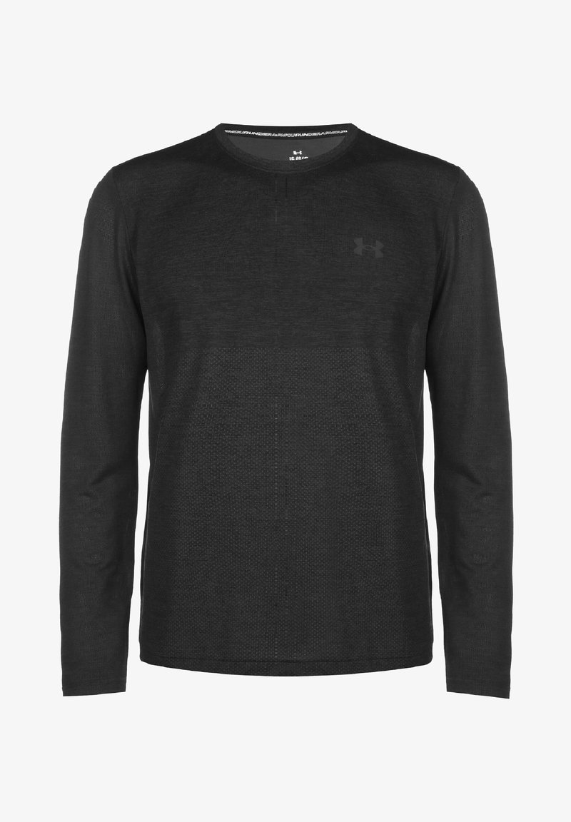 Schwarzes Langarmshirt aus strukturiertem Stoff. Verfügt über einen Rundhalsausschnitt und ein dezentes Logo auf der Brust, speziell entworfen für Sportbekleidung.