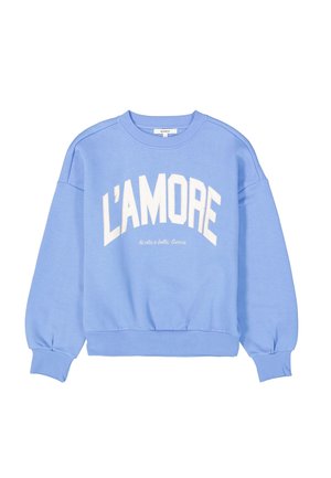 Lichtblauwe sweatshirt met een ronde hals, oversized silhouet en geribde manchetten. Bevat witte opdruk met de tekst "L'AMORE" op de voorkant.