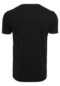 Sort T-shirt med korte ærmer, rund halsudskæring, lavet af glat stof, med en ensfarvet ryg uden synlige logoer eller mønstre.