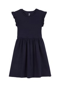 Rochie din bumbac bleu marin, cu mâneci scurte și volanase, cu un bust ajustat, ce trece într-o fustă plisată. Textură netedă, până la genunchi.