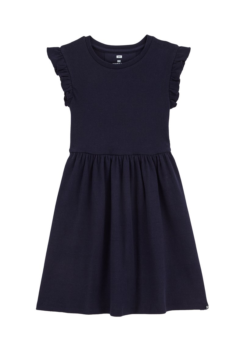 Rochie din bumbac bleu marin, cu mâneci scurte și volanase, cu un bust ajustat, ce trece într-o fustă plisată. Textură netedă, până la genunchi.