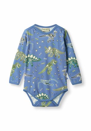 Body de bebé de manga larga en azul con diseños de esqueletos y huellas de dinosaurio. Hecho de tela suave con cierres de presión en el hombro.