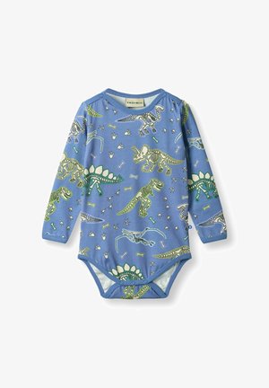 Detské body s dlhým rukávom v modrej farbe s motívom dinosaurových kostier a stôp. Vyrobené z mäkkej látky so zapínaním na cvoky na ramene.