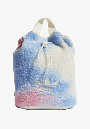 Pehme fleecereppu pastellinsinisenä, valkoisena ja vaaleanpunaisena, jossa valkoinen Adidas-trefoil-logo ja nyörikiinnitys.