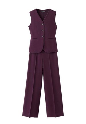 Vesta fără mâneci de culoare prune, cu trei nasturi, asortată cu pantaloni înalți, largi, de aceeași culoare.