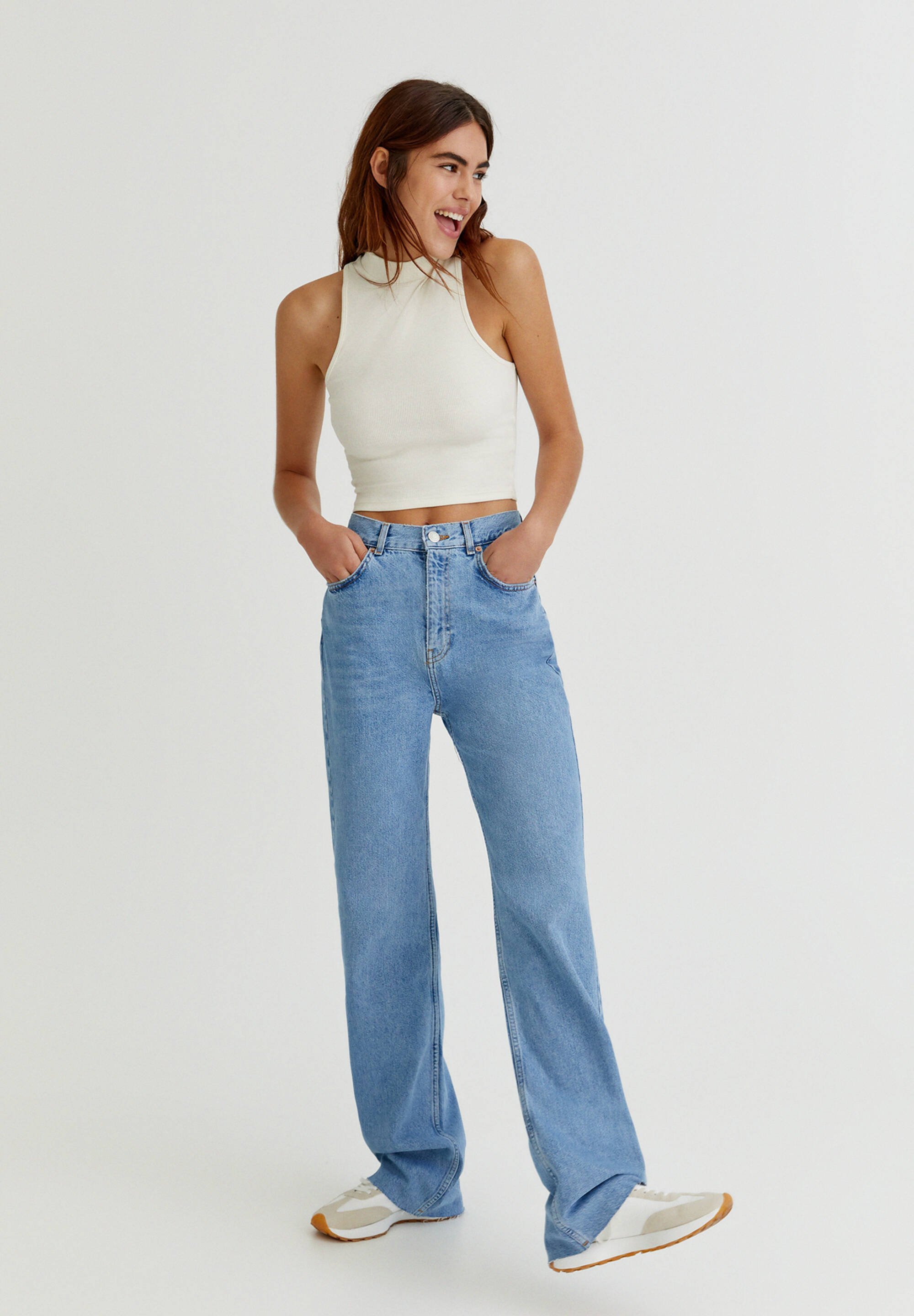 PULL\u0026BEAR HIGH WAIST - Straight leg jeans - blue/Blauw - Zalando.nl