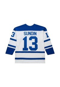 Maglia da hockey bianca con accentuazioni blu, caratterizzata da maniche corte blu, testo "SUNDIN" e il numero "13" ben visibili sul retro.