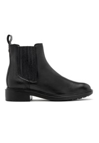 Bottes noires en cuir à la cheville avec panneaux latéraux élastiques, surface texturée, bout rond et talon bloc bas. Dotées d'une languette de tirage à l'arrière.