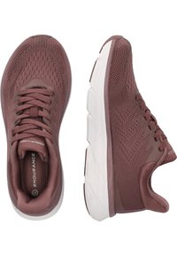 Bordo urheilukengät hengittävällä mesh-päällä, tekstuurilla varustettuna ja valkoisella kumipohjalla. Varustettu nauhakengityksellä ja pehmustetulla varrella.