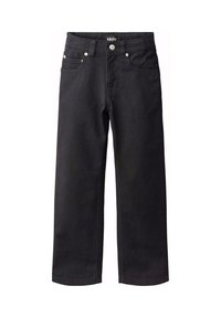 Jeans in denim nero con taglio dritto, cinque tasche e finiture in metallo argentato in vita. Il tessuto ha una texture liscia.