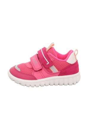 Pink athletic shoe with mesh and suede material, featuring two adjustable straps, white rubber sole, and subtle silver accents.
