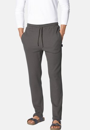 Herren graue Jogginghosen aus einem strukturierten Stoff, mit einem elastischen Bund und Kordelzug sowie seitlichen Taschen.